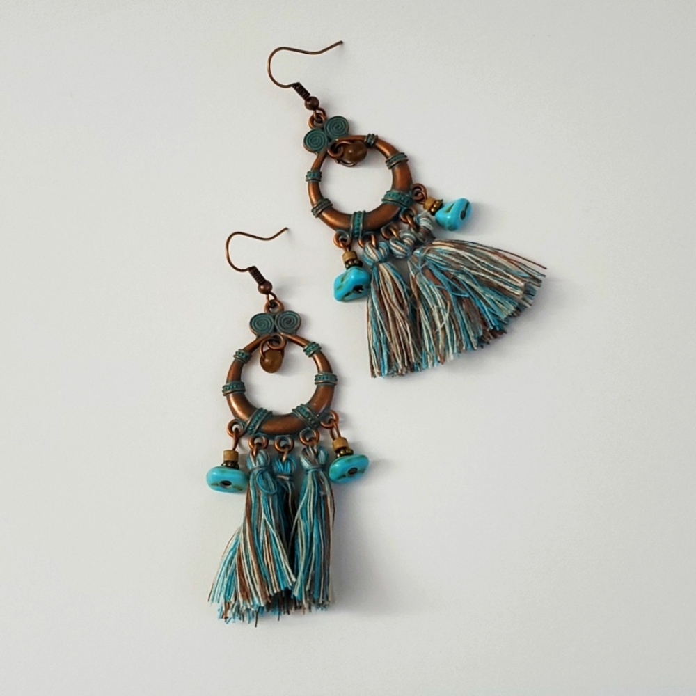 Vintage Turquoise and Brown Tassel Hoop Earrings - Women Jewelry Earrings